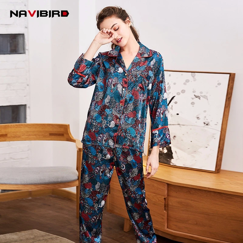 Spring New Vintage Floral Pajama Sets Long Sleevesd Imitation Silk