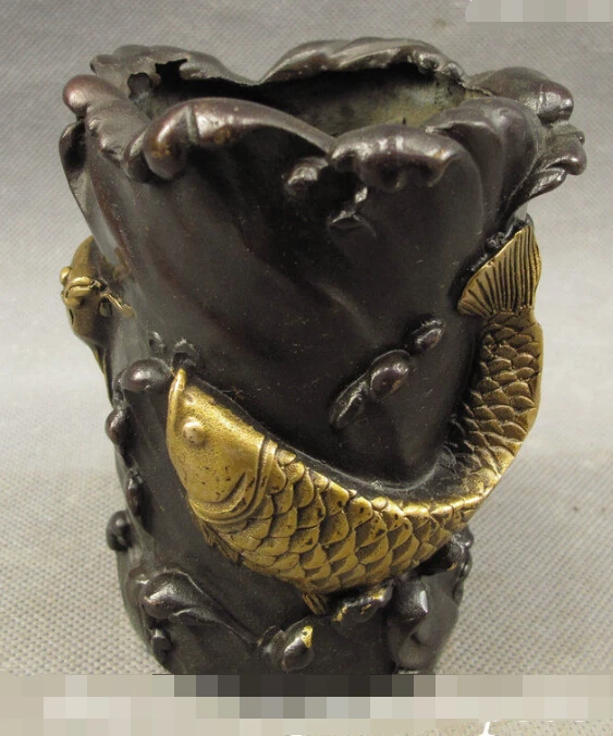 

S0462 Old Chinese Bronze Gilt Carp Fish Spoondrift Shape Statue Brush Pot Pencil Vase