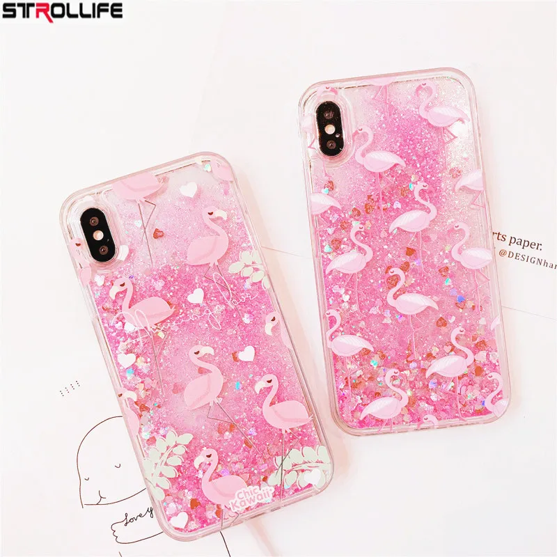 

STROLLIFE Dynamic Liquid Quicksand Love Heart Sequins Glitter Phone Case For iPhone X case Flamingos Back Cover Capa For iPhoneX