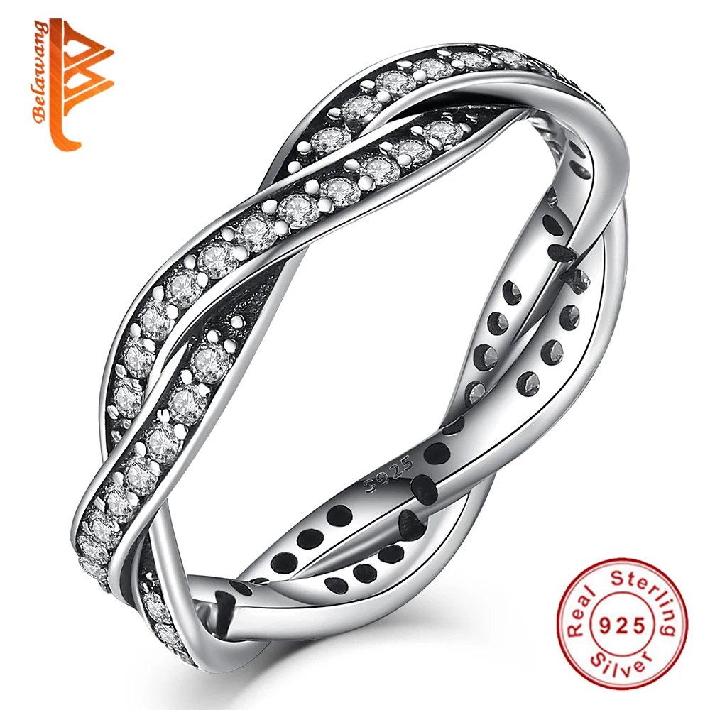 

BELAWANG Twisted Rope Hemp Flowers Ring S925 Sterling Silver Micro Cubic Zirconia Tail Ring Fashion Women's Accessories