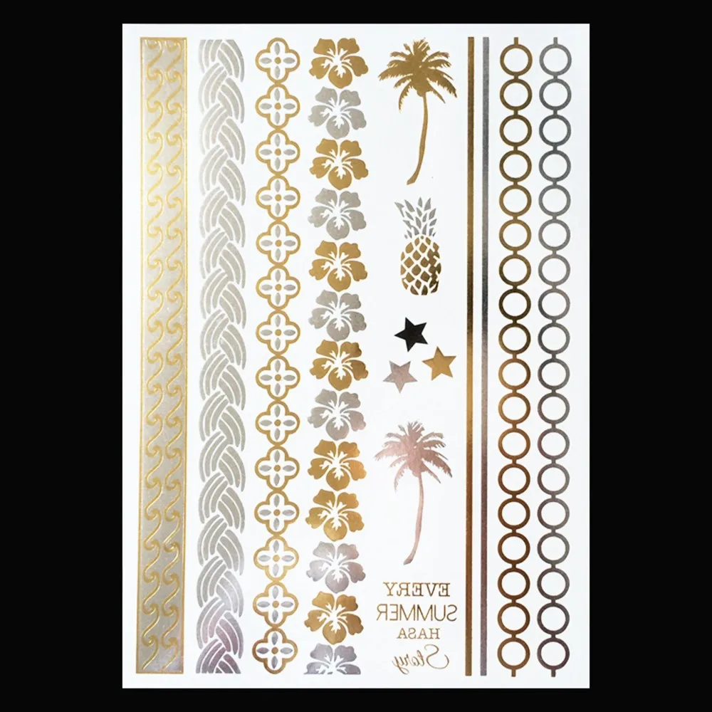 1PC Temporary Flash Metallic Tattoo Gold Silver Pineapple Coconut Tree YH-071 Wrist Bracelet Tattoo Sticker Summer Style Designs