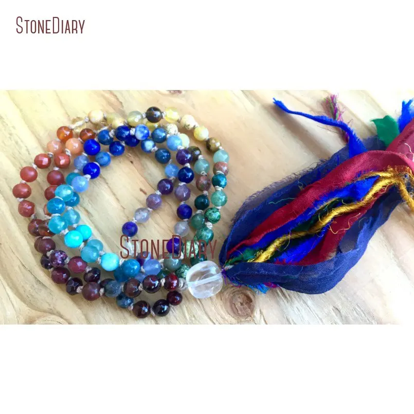 20180313-NM11109-6mm Petite Chakra Mala Beads Silk Sari Tassel, Crystal Guru Balance 7 Chakra 108 Beads Therapeutic Healing Mala Beads, Aura Cleanser_2