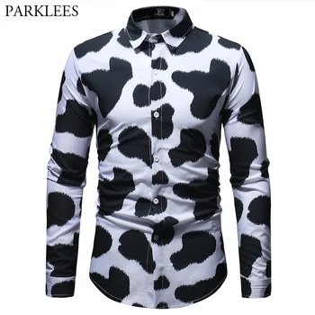 

Funny Cow Print Shirt Men 2018 Classic Black White Color Long Sleeve Mens Dress Shirts Casual Business Slim Fit Chemise Homme