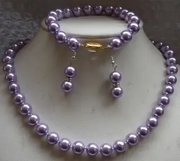 

2015 Charming women sale Beautiful Perfect 10mm Purple Sea Pearl shell Necklace &Bracelets Earring Jewelry Wholesale and retail