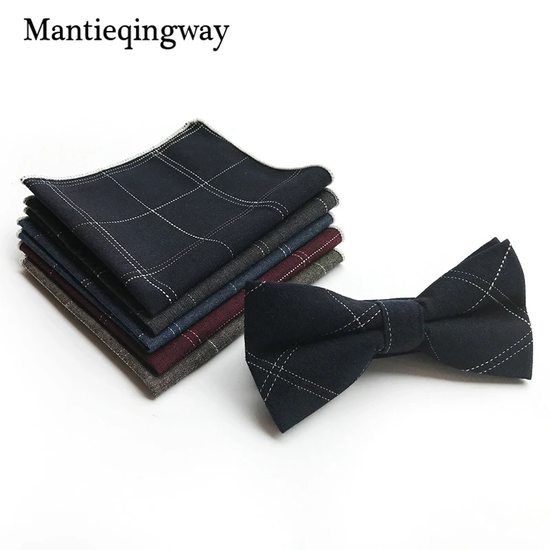 Mantieqingway 2017 плед хлопок 6 см свадебные Боути 25*25 см Pocket Square Set для Для мужчин Бизнес Gravatas Для мужчин костюм с галстуком платок