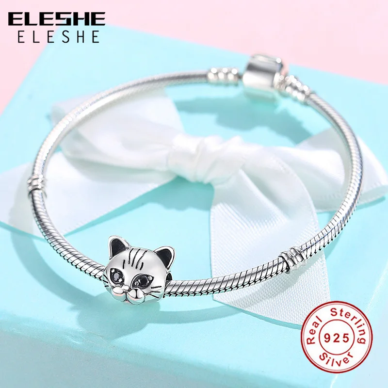ELESHE European Animal Cute Cat Charm with Black Crystal Fit Pandora Bracelet 925 Sterling Silver Bead Charm Jewelry Accessories