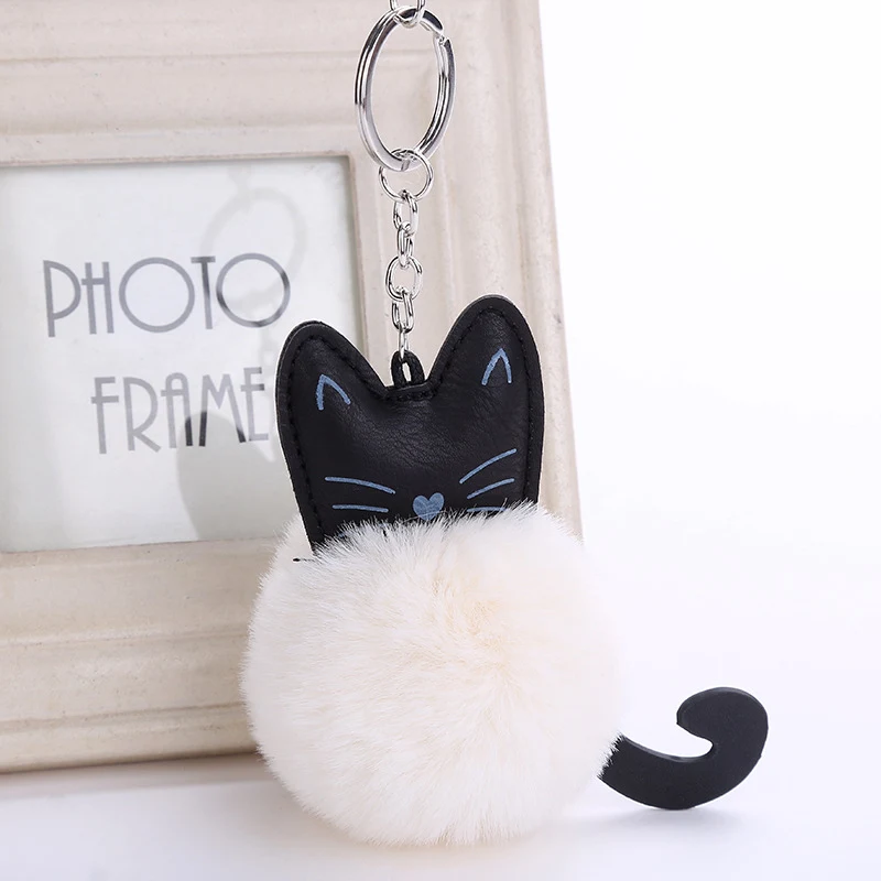 

New Cat Keychain Pompon Key chain Fluffy Artificial Rabbit Fur Ball Key Rings Women Bag Car Charm Pendant pom pom holder