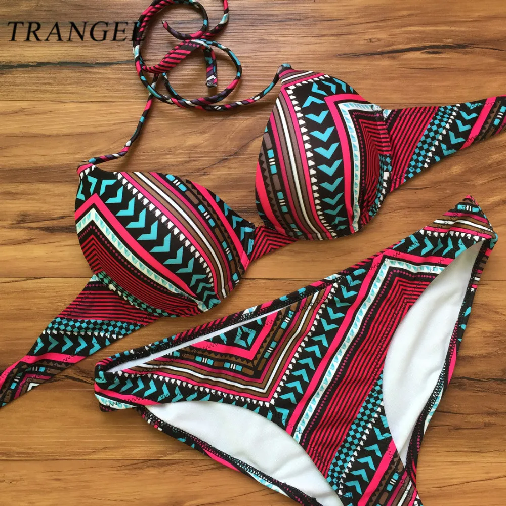 2016 High Quality Printed Bikni Push Up Padded Halter Strapless Swimsuit Sexy Stripe Swimwear Women Brazilian