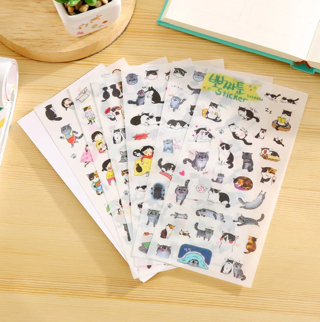 

6pcs/lot Cute funny cat PVC Sticker for DIY Scrapbooking Diary Phone Sticker Products Design Paster kids gift Kawaii Stationary