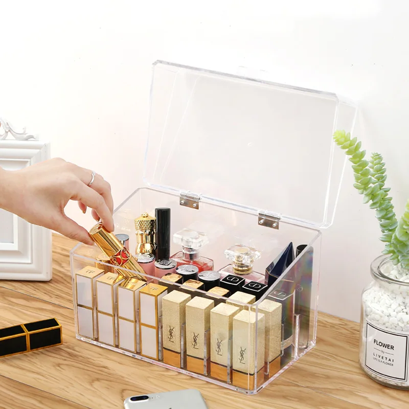 

Clear Acrylic Makeup Organizer Storage Box With Cover Lipstick Holder Box Cosmetic Jewelry Display Stand Makeup Holder dust free