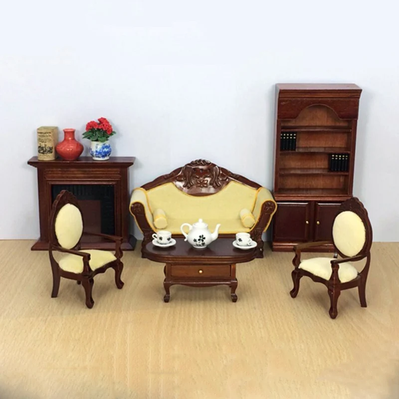 

1:12 Furniture toy for dolls brown Miniature table chair bookcase sets Wooden household pretend play toys for girls dollhouse