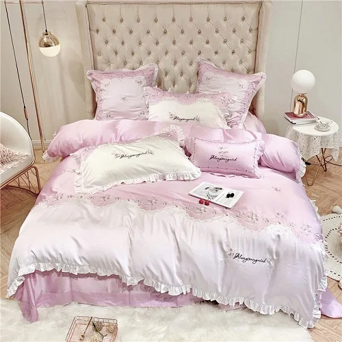 600TC Тенсел шелк шикарная вышивка персиковый розовый постельный комплект летний ультра мягкий легкий King queen размер простыня пододеяльник - Цвет: bedding set 2