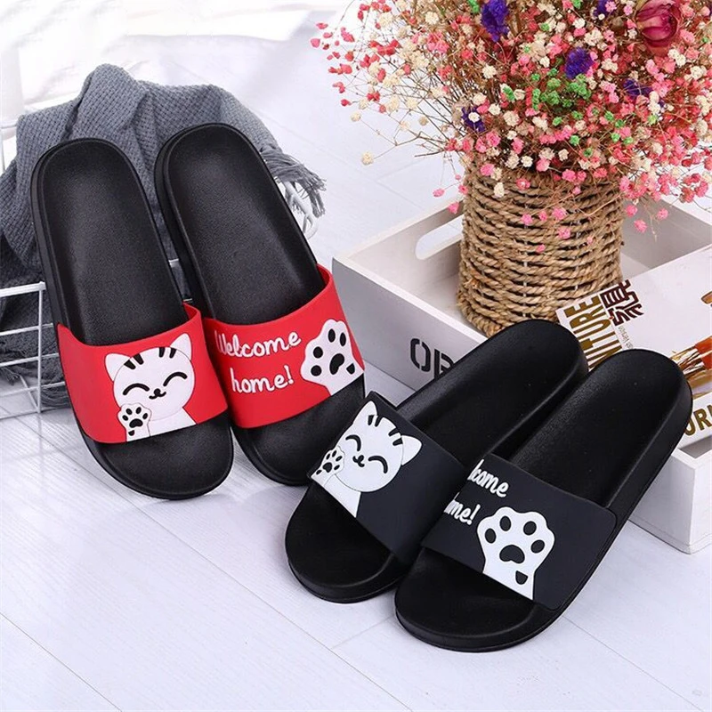 

2019 Summer Shoes Woman Slides Slippers Breathable Lovely Cat Sandals Black Red Women Shoes Flip Flops Chaussures Femme