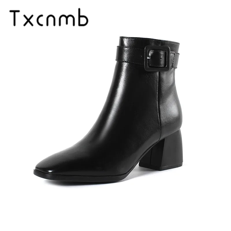 

TXCNMB Genuine Leather Women Boots 6cm High Heels Round Toe Woman Ankle Boots Sweet Bowties Office Ladies Dress Shoes Size 34-43