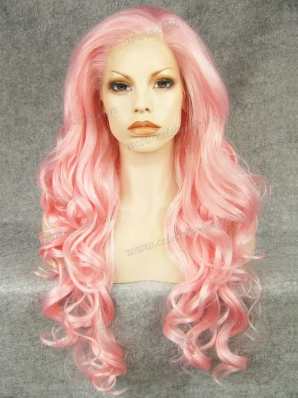 Baby Pink Synthetic Lace Front Wig Long Wavy Pink Color Wig for Drag