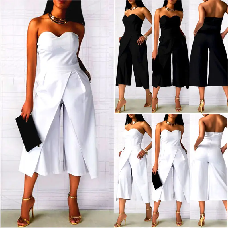 

Fashion Women Casual Sleeveless Strapless Bodycon Romper Wide Leg Jumpsuit Club One Piece Long Pants