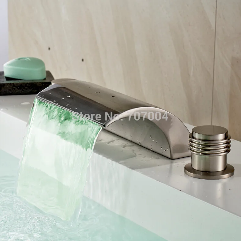 Brushed Nickel Finished LED Bathroom Sink Faucet Deck Mounted Dual Handles Bathtub Basin Mixer Taps