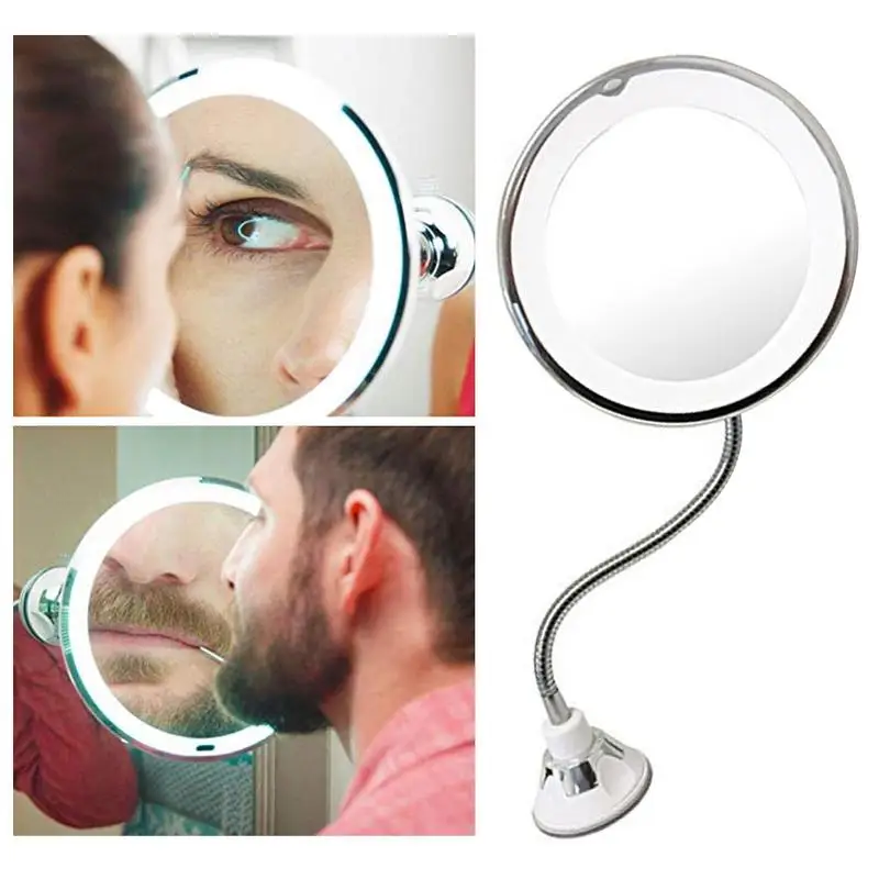 360 Вращение гибкий гусиная шея 10x увеличительный, светодиодный освещенные ванная комната зеркало для макияжа, бритья зеркало Регулируемая