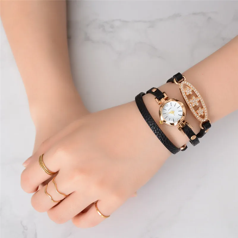 High Quality women fashion casual watch dress Leather Quartz Watch Luxury Bracelet Flower Gemstone Wristwatch Gift clock M22#N (3)