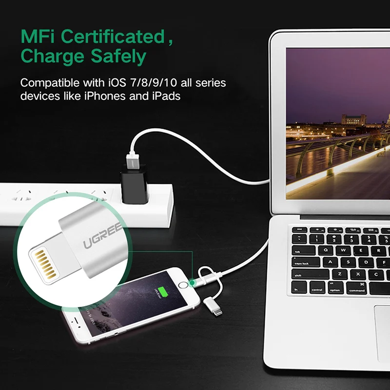 Ugreen USB кабель для iPhone XS X 8 7 6 зарядное устройство 2 в 1 Micro Android Type c кабели мобильных