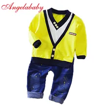 Комплекты одежды для малышей, новая весенняя футболка и штаны, комплект детской одежды из 2 предметов, ковбойский костюм с треугольным вырезом, 0-5 лет