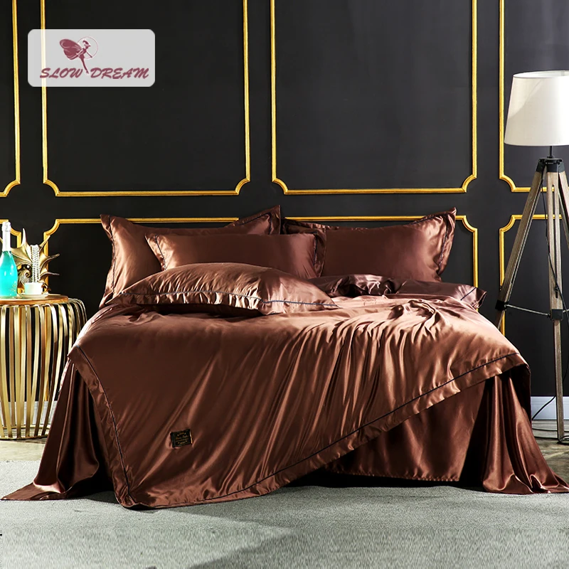 

SlowDream Luxury Coffee Silk Bedding Set Silky Duvet Cover Set Home Textiles Soft Embroidery Bed Set With Flat Sheet 4Pcs