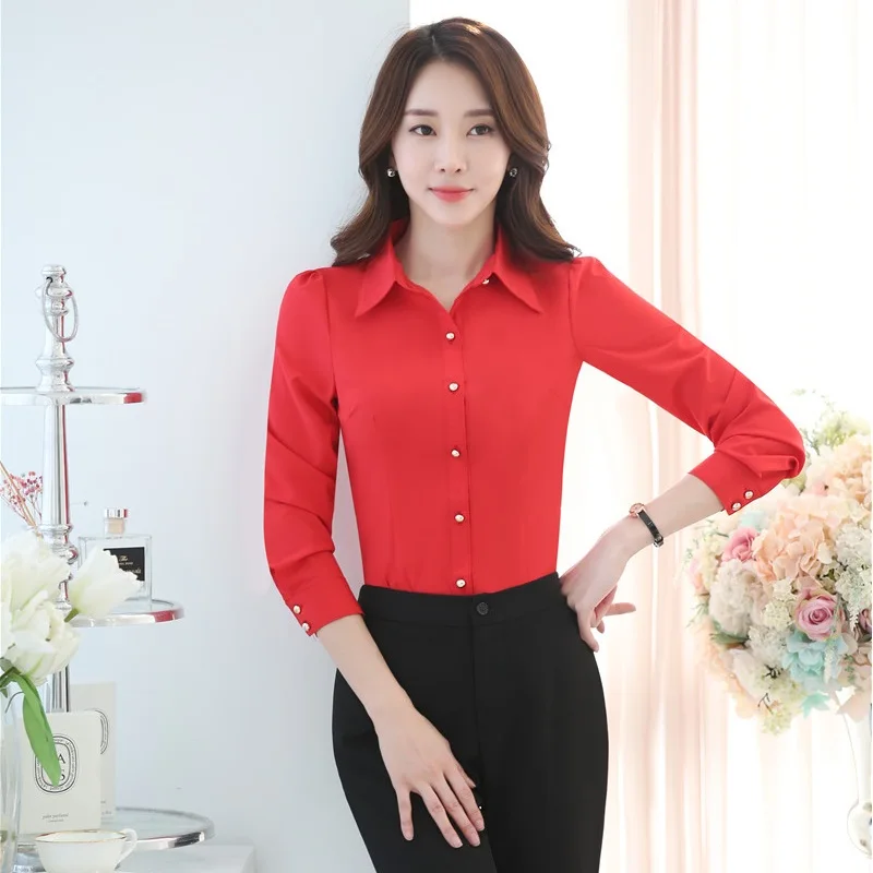 Formal Ladies Red Blouses Women Shirts Long Sleeve Work Wear Office