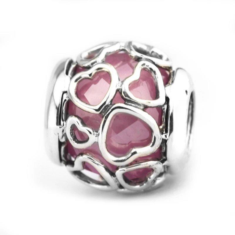 

Authentic Sterling Silver Charms Bead Fits Original Bracelet Pink Crystal Encased in Love Beads 925 Silver Jewelry for Women