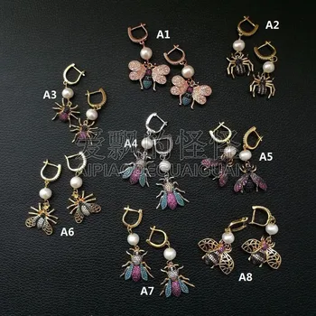 

White Pearl Mixed Color CZ Micro Pave Beetle Insect Jewelry Earrings