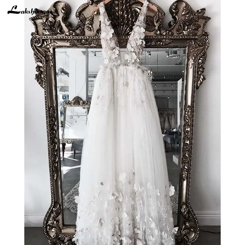 

Pretty 3D Flower Pearls Wedding Dresses 2019 Sexy Backless Lace Sexy Beach Bridal Gowns Vestido De Noiva Casamento