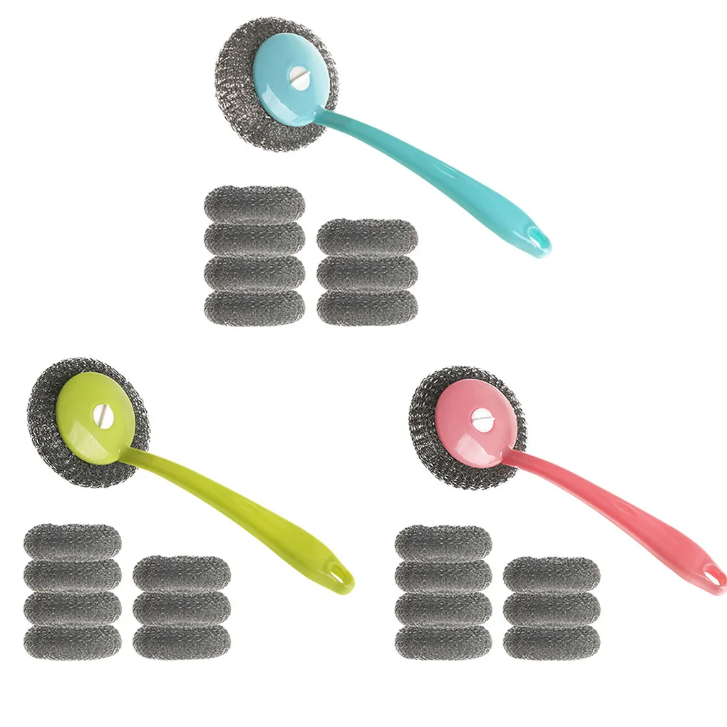 8pcs сменная металлическая губка длинная пластиковая ручка щетка для чистки решетки спиральная сетка Скрубберы