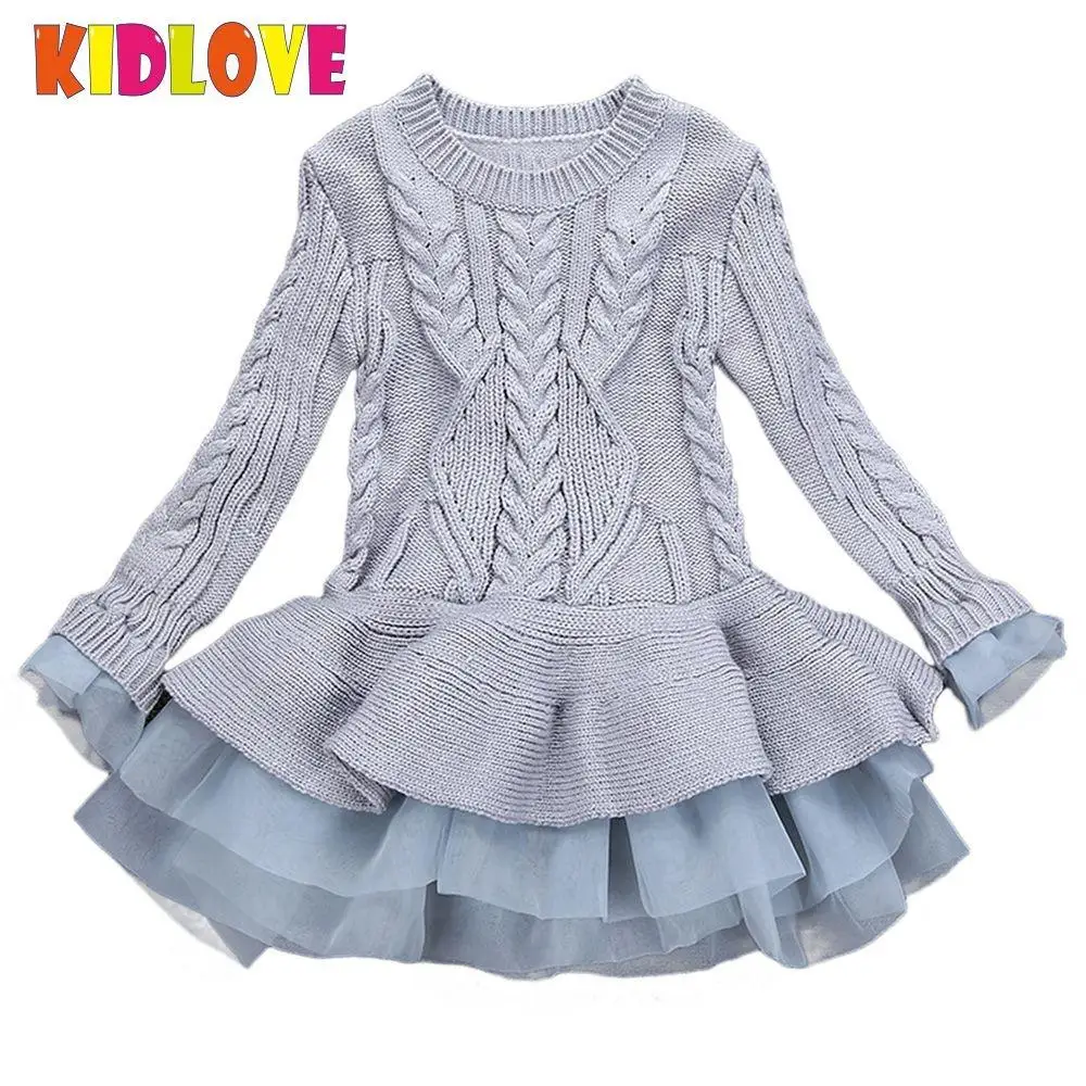 KIDLOVE Girl Knitted Long Sleeve Sweater Dress Princess Organza Tutu Kids Outfits Christmas