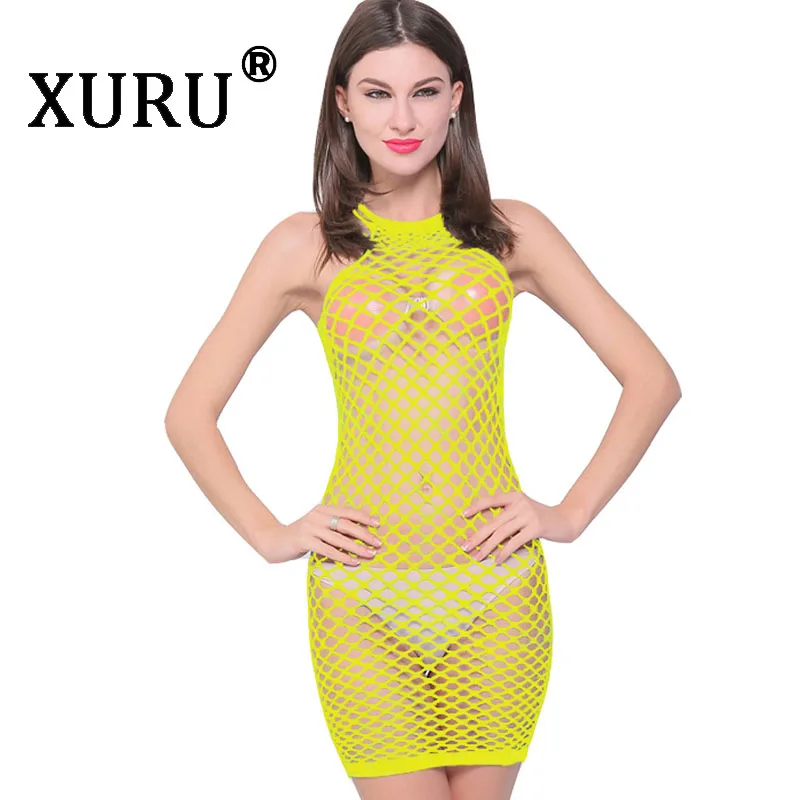 

XURU New Women's Hot Sale Nets Sexy Dress Sling Openwork Bag Hip Sexy Nightclub Dress Rose Red Yellow Blue Black Dress