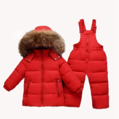 Комплекты одежды для детей зимние парки для девочек куртка на утином пуху с натуральным мехом+ штаны комбинезон для маленьких мальчиков, лыжные костюмы зимний комбинезон, TZ368 - Цвет: Red