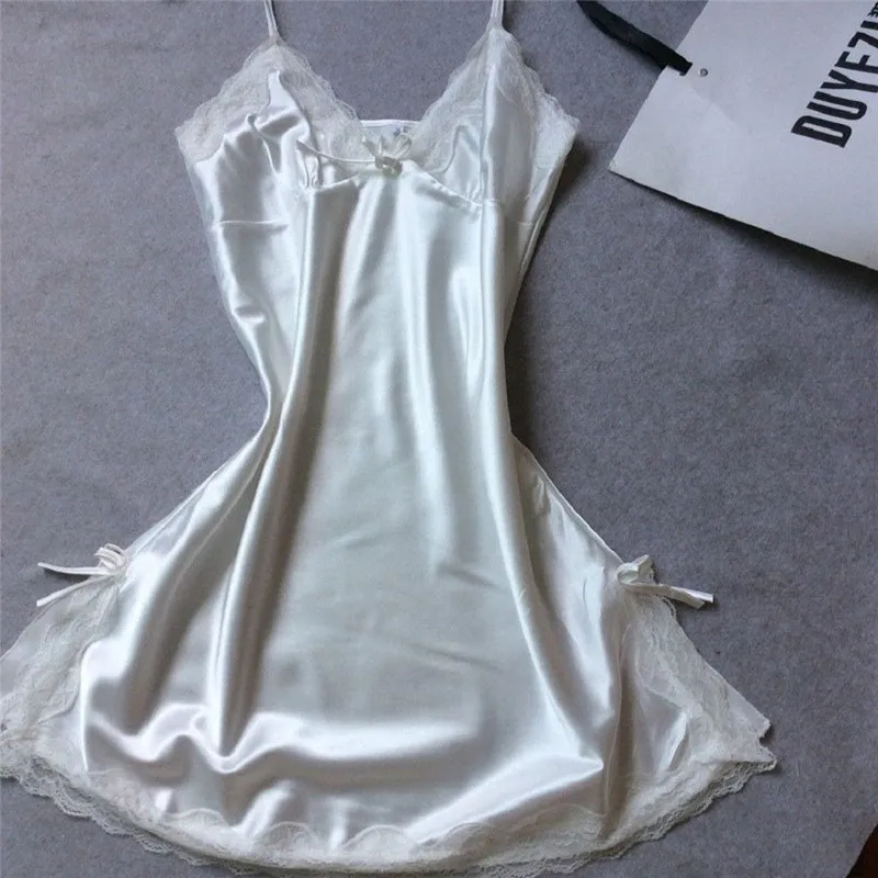 

Sexy Sleeveless Sleepwear Dress Women Summer Lace Satin Silk Pajamas Solid Nightdress V-Neck Night Dress Regular Size Pullover