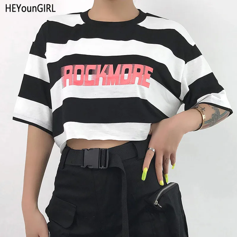 

HEYounGIRL White Black Striped T Shirt Women Half Sleeve Casual Loose Woman Tshirt Top Letter Printed Korean T-shirt Ladies 2019