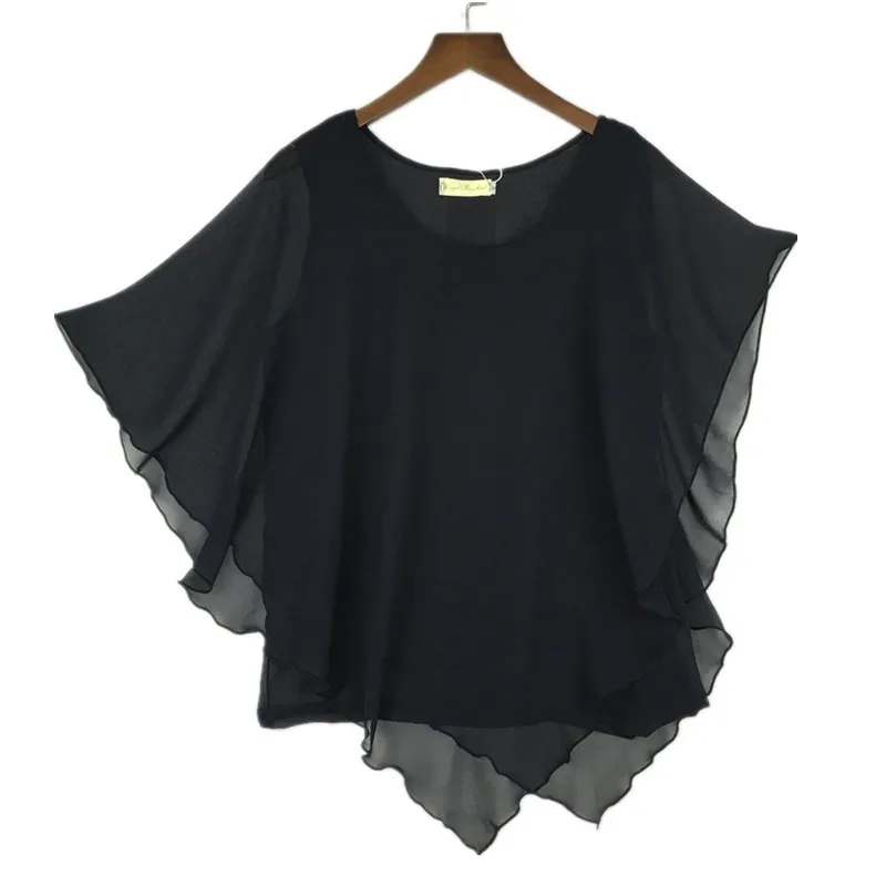 Plus Size - 16 Color Plus Size Ladies Chiffon Blouses Batwing Sleeve Tops Shirts Women Asymmetric Shirts (Us 6-24W)