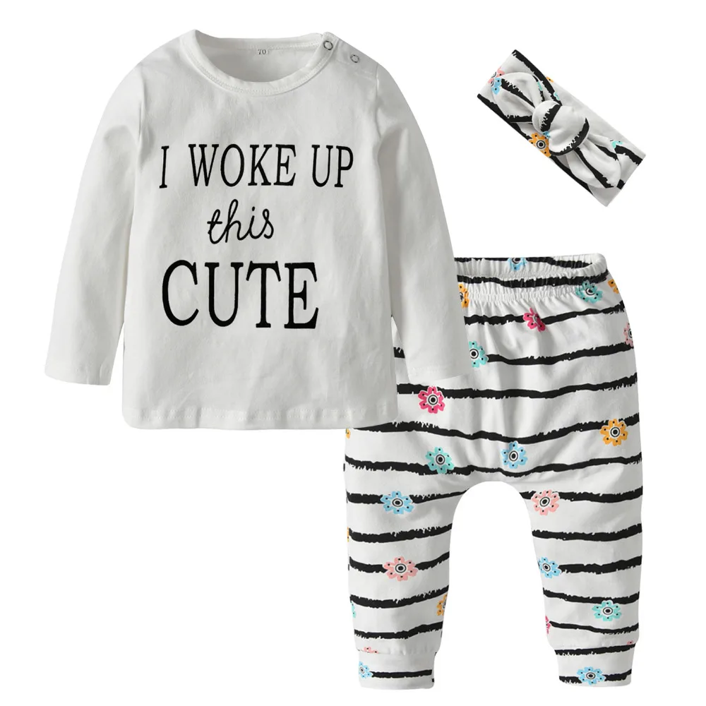 3pcs set newborn baby girl clothes cotton letters t shirt stripe pants
