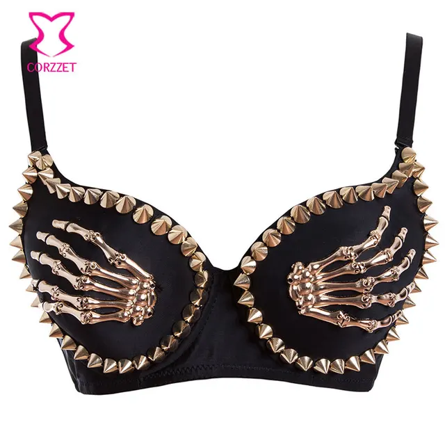Gold Metal Skeleton Studded Bra Top Underwire Push Up Bra 3/4 B Cup