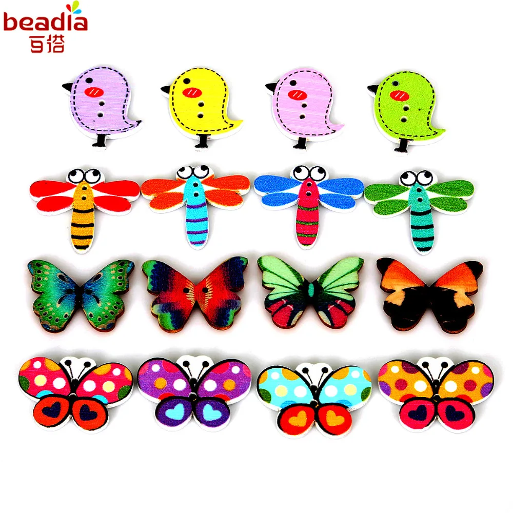 

50Pcs Random Mixed Color Butterfly/Dragonfly/Pigeon Wood Sewing Buttons Two Holes For Sewing Scrapbooking Garment Accessories