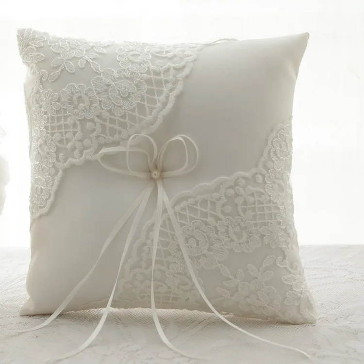 

Satin and Lace Wedding Ring Pillow Cushion Embroider Flower with Bow ,8 Inch (21cmx 21cm) Ring Bearer for Beach Wedding, Wedding