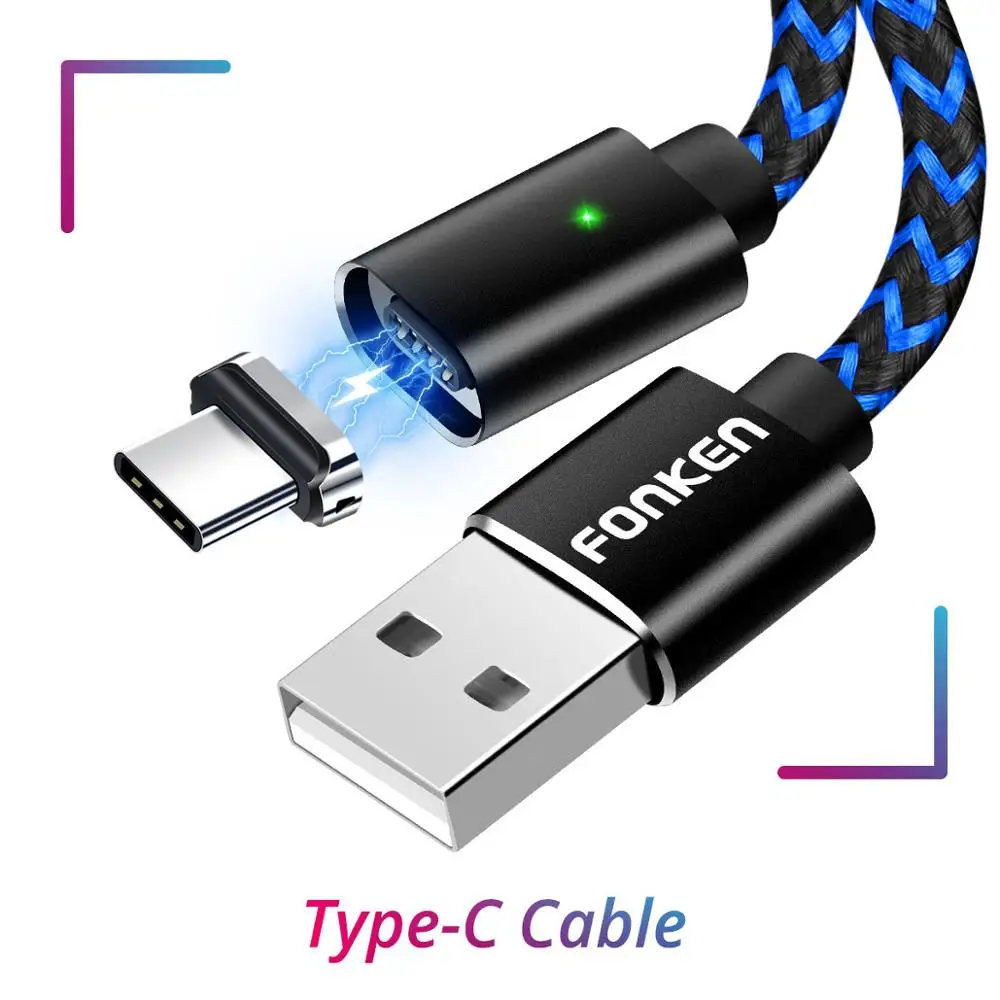 Магнитный кабель FONKEN Micro usb type-C, 1 м, 2 м, магнитный usb-кабель, 3 А, быстрая зарядка для зарядного устройства телефона, кабель type-C, мобильный светодиодный кабель для передачи данных - Цвет: Type C Cable Black