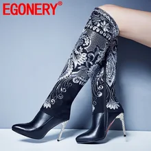 EGONERY/Женская обувь; Новинка года; Сезон Зима; модные пикантные сапоги до колена из натуральной кожи с острым носком; обувь на очень высоком каблуке на молнии