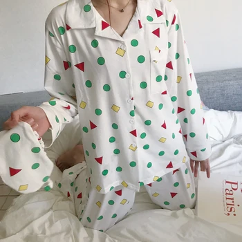 

Women Autumn Spring Pijamas New Fashion Cotton Pajamas Set Kawaii Japanese Korean Style Crayon Shin chan Pyjamas Sleepwear