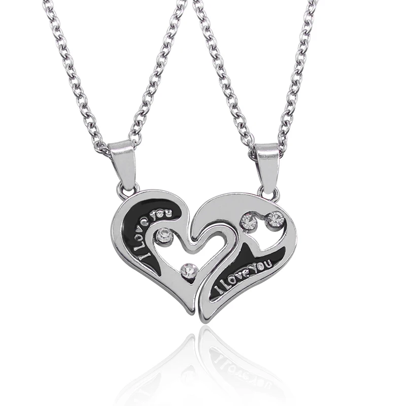 

2pcs/set I Love You Jewelry Hollow Broken Heart Rhinestone Pendant Couple Necklaces Best Friends BFF Lover Valentines Day Gift
