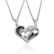 2pcs/set I Love You Jewelry Hollow Broken Heart Rhinestone Pendant Couple Necklaces Best Friends BFF Lover Valentines Day Gift