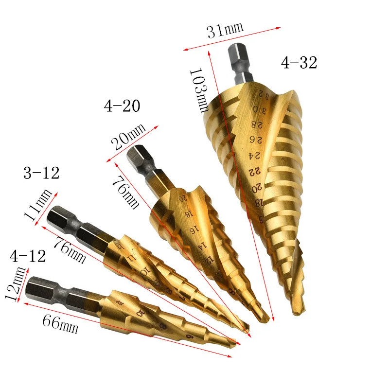 4Pcs Set HSS Titanium3-12 4-12/20/32mm Spiral Grooved Hex shank Metal Step Drill Bit Hole Cutter Cone Core Drilling Hole Saw 