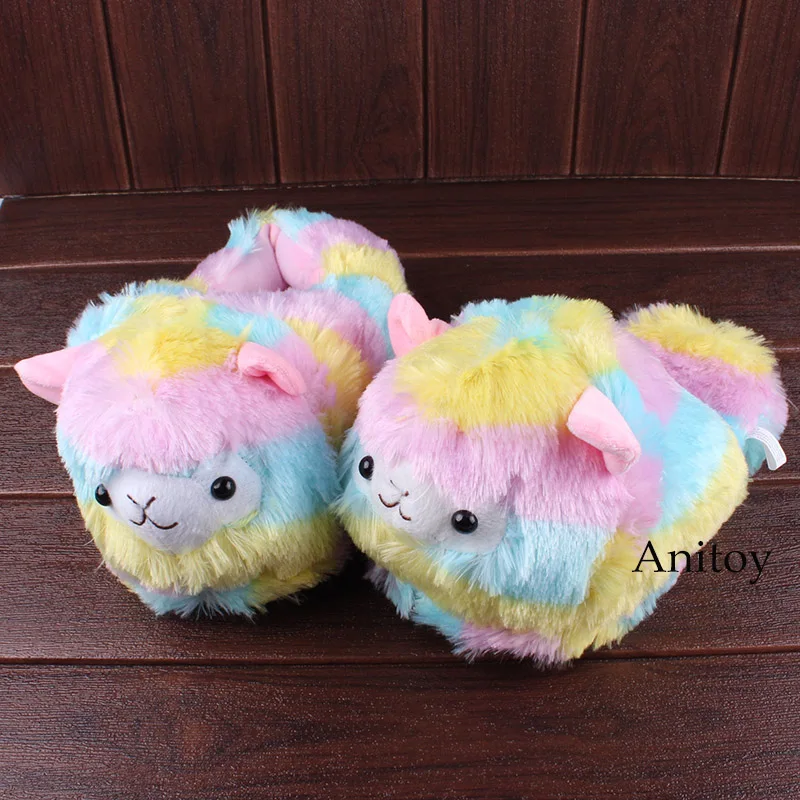 

Grass Mud Horse Rainbow Alpaca Plush Toy Kawaii Plush Slippers Adult Winter Indoor Warm Shoes Soft Stuffed Slippers 28cm