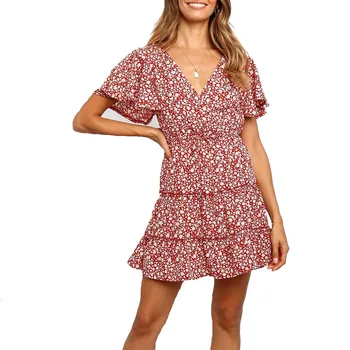 

2019 MAXIORILL New Bohemian Women's Printing V-neck Sleeveless Mini Dress Princess Dressплатье Wholesale y3