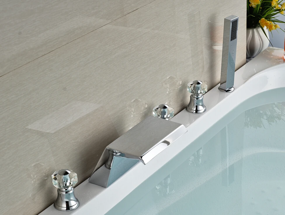 

Chrome Finished 3 Crystal Handles Bathroom Deck Mounted Waterfall Shower Faucet With ABS Hand shower 5 PCS